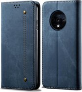 Voor OnePlus 7T denim textuur casual stijl horizontale flip lederen tas met houder en kaartsleuven en portemonnee (blauw)