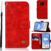 Voor OnePlus 7T Retro koperen knop Crazy Horse Horizontale flip PU lederen tas met houder & kaartsleuven & portemonnee en lanyard (rood)