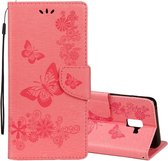 Voor Galaxy A8 + (2018) Vintage reliëf bloemen vlinderpatroon Horizontale flip lederen tas met kaartsleuf en houder & portemonnee en draagkoord (roze)