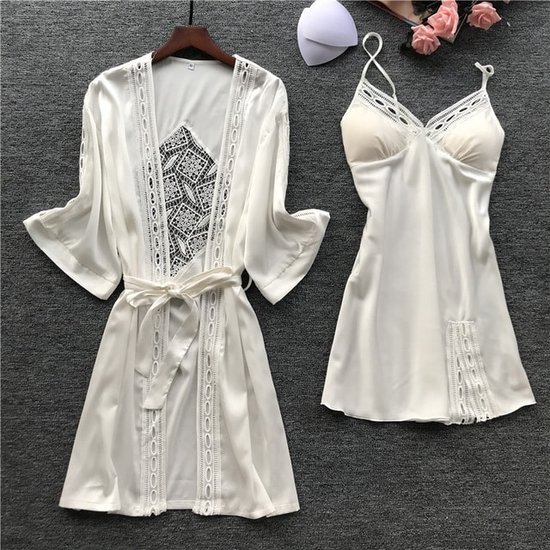 Dames Robe & Gown Sets Sexy Lace Lounge Pijama Lange Mouw Dames Nachtkleding Badjas Nachtjurk met Borstkussens, Maat: XL (Wit)-Wit