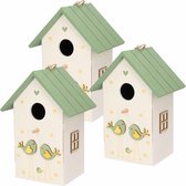 3x stuks nestkast/vogelhuisje hout wit met groen dak 15 x 12 x 22 cm