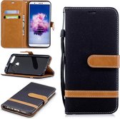 Kleurafstemming Denim Texture Leather Case voor Huawei P Smart / Enjoy 7S, met houder & kaartsleuven & portemonnee & lanyard (zwart)