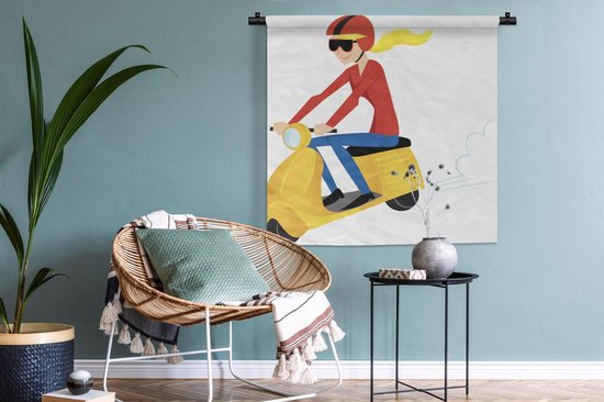 Tapisserie illustration Vespa - Illustration d'une fille sur une Vespa jaune Tapisserie coton 90x90 cm - Tapisserie avec photo
