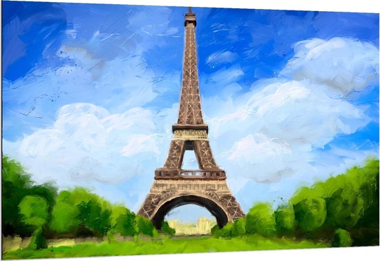 Dibond - Schilderij van Eiffeltoren van Parijs - 150x100cm Foto op Aluminium (Met Ophangsysteem)