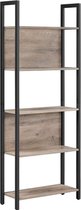 Boekenplank, keukenplank, vloerplank met 5 open kastniveaus, gang, keuken, kantoor, stevig stalen frame, industrieel ontwerp, grijs-zwart LLS025B02