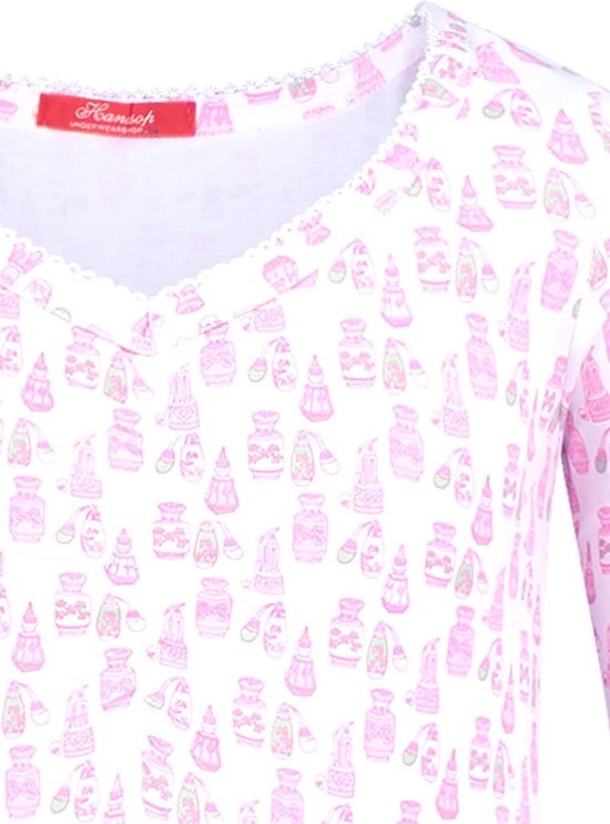 Exclusief Luxueus Kinder nachtkleding Luxe mooi zacht roze Girly Nachthemd van Hanssop met verfijnde rand details en luxe mouw verwerking, Meisjes nachthemd, Hanssop roze parfum flesjes print, maat 116