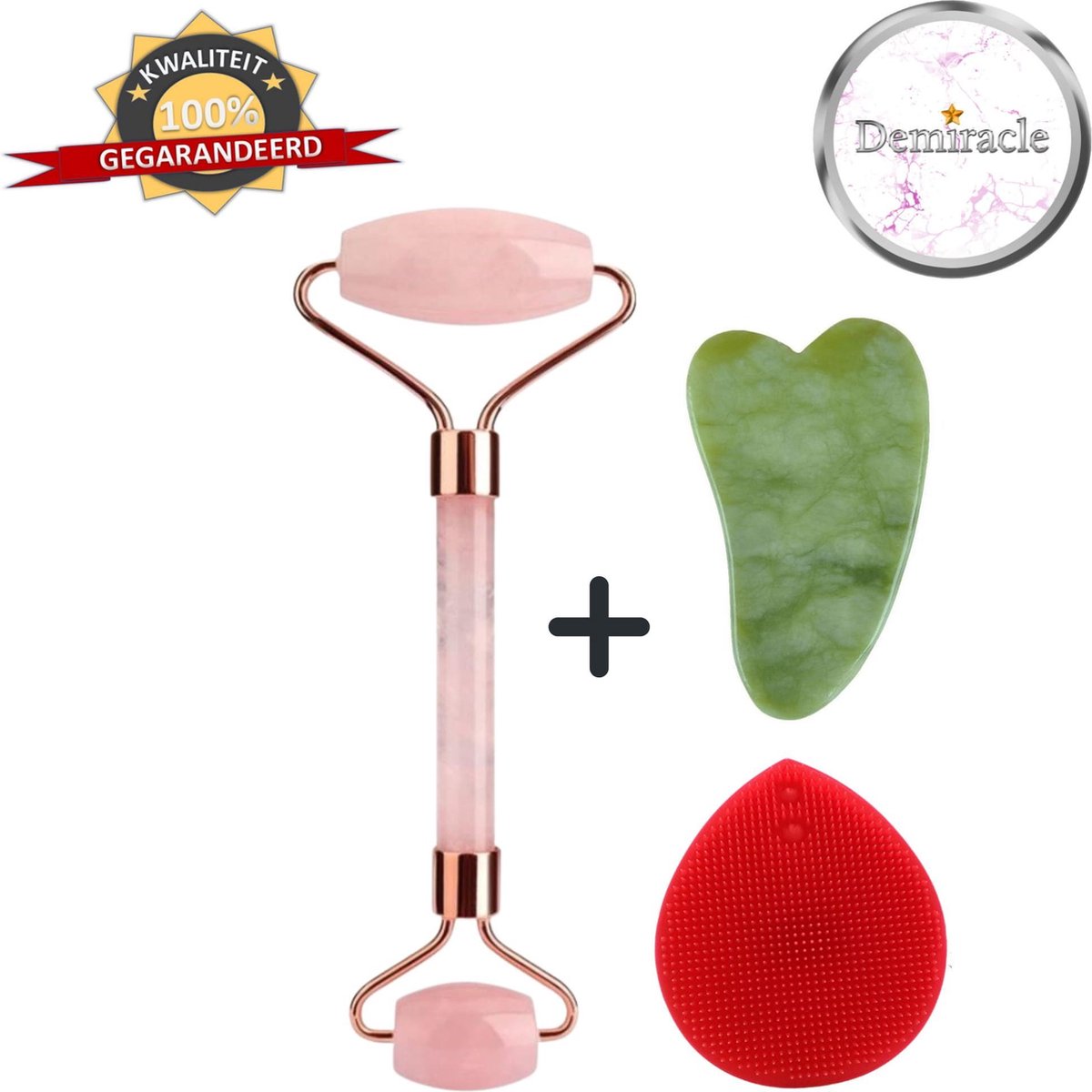 Demiracle Rose Quartz Face Roller met Gua Sha Schraper en Rode Siliconen Gezichtsborstel - Gezichtsroller - Massage Roller - Jade Roller - Rimpelverwijdering - Ontspanning