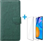 Bookcase Geschikt voor: Huawei P Smart 2021 - Groen - portemonnee hoesje met 2 stuks Glas Screen protector