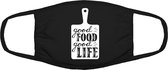 Good food, good life mondkapje | genieten | happy | eten | koken | goed leven | grappig | gezichtsmasker | bescherming | bedrukt | logo | Zwart mondmasker van katoen, uitwasbaar &