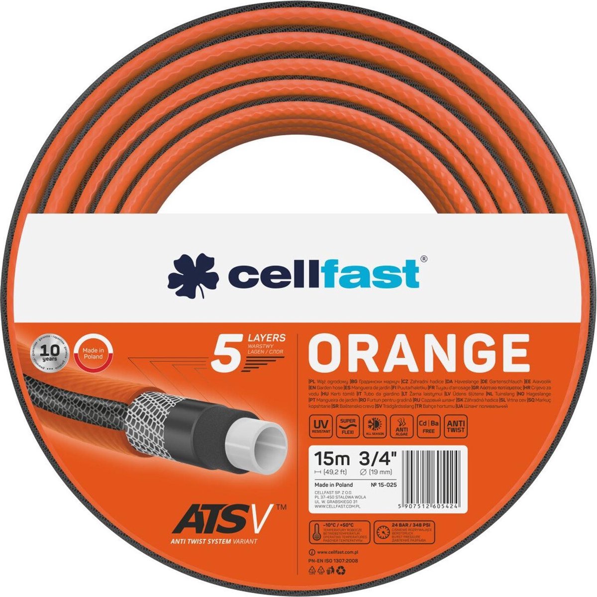 Cellfast ATSV ™ tuinslang 5-laags tuinslang Waterslang tricot stof UV-bestendig 24 bar barstdruk (3/4 "15m) - Oranje