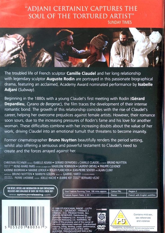 DVD hoes met de titel "ADJANI CERTAINLY CAPTURES THE SOUL OF THE TORTURED ARTIST" en een foto van sculpturen en acteurs.