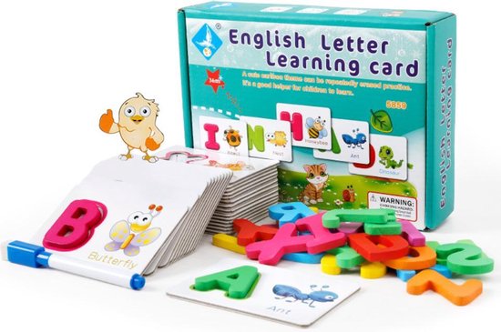 Afbeelding van het spel Houten Alfabet met Woordkaarten en Pen voor Schrijftraining - Engelse letters en Woorden cognitief speelgoed - Kinderen alfabetiseringskaart - Leren verlichting - Early Education Card