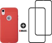 BMAX Telefoonhoesje geschikt voor iPhone XR - Carbon softcase hoesje rood - Met 2 screenprotectors full cover