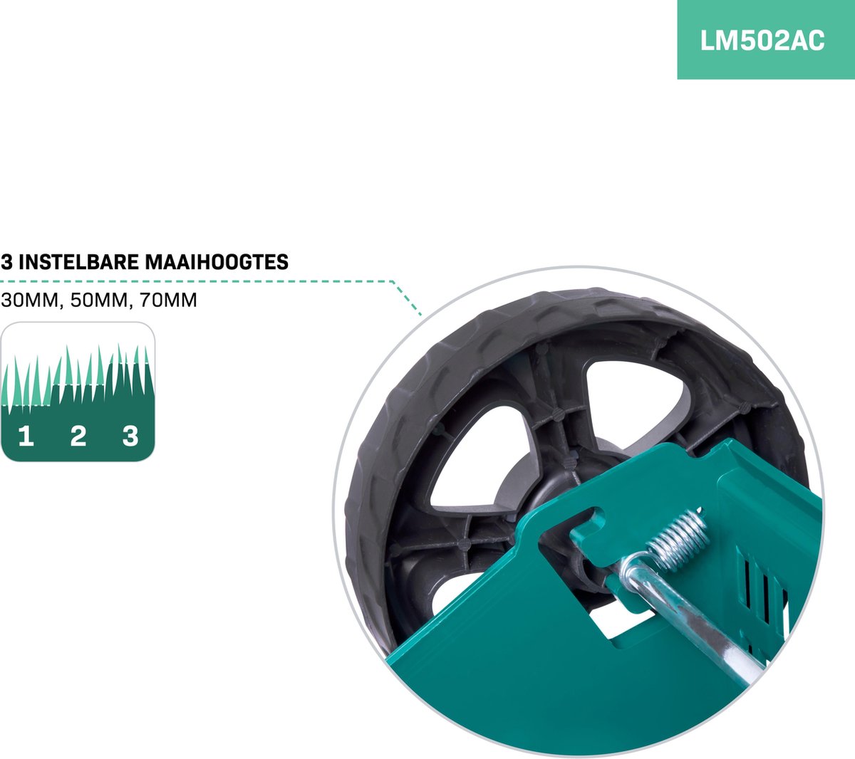 VONROC Grasmaaier - 1300W - 32 cm maaibreedte - Drie instelbare maaihoogtes: 30/50/70 mm - Incl. 30L Opvangbak – foto 8