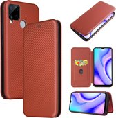 Voor OPPO Realme C15 Koolstofvezel Textuur Magnetische Horizontale Flip TPU + PC + PU lederen tas met kaartsleuf (bruin)