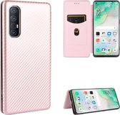 Voor OPPO Reno3 5G (Japanse versie) Koolstofvezeltextuur Magnetisch horizontaal Flip TPU + PC + PU lederen tas met kaartsleuf (roze)