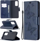 Voor Xiaomi Mi 10T 5G Twee vlinders Embossing patroon Horizontale flip lederen tas met houder & kaartsleuf & portemonnee & lanyard (donkerblauw)