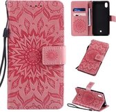 Voor LG K20 (2019) Geperst Afdrukken Zonnebloempatroon Horizontale Flip PU Leren Case met Houder & Kaartsleuven & Portemonnee & Lanyard (Roze)