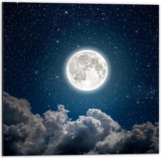 Dibond - Felle Maan boven Wolken - 50x50cm Foto op Aluminium (Met Ophangsysteem)