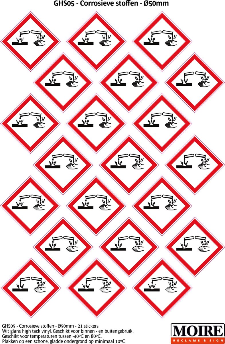 Pictogram sticker 75 stuks GHS05 - Bijtende stoffen - 50 x 50 mm - 15 stickers op 1 vel