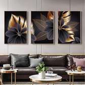 Allernieuwste SET van 3 stuks Canvas Schilderij Abstracte Zwarte Gouden Plant - Poster - 3-delige SET 50 x 70 cm - Kleur