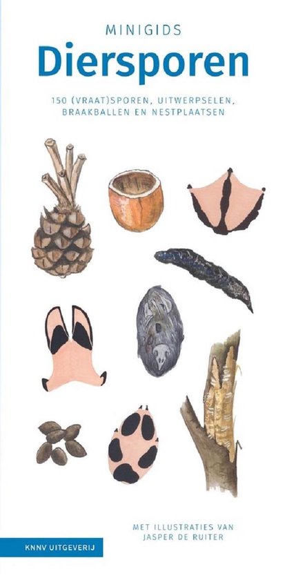 Boekomslag met illustraties van diverse diersporen: dennenappel, schelp, pootafdrukken, veren en uitwerpselen.