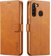 Voor Galaxy A21 LC.IMEEKE kalfsleer Horizontale flip lederen tas, met houder & kaartsleuven & portemonnee & fotolijst (bruin)