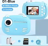 (NEW 2024) 4 in1 Digitale kindercamera 40MP HD Dual Lens 1080P HD Video / Instant Print / Siliconen Hoes - Blauw
