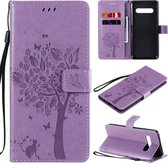 Voor LG V60 ThinQ 5G Boom & Kat ReliÃ«fpatroon Horizontale Flip Leren Case met Houder & Kaartsleuven & Portemonnee & Lanyard (Lichtpaars)