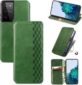 Voor Samsung Galaxy S21 Ultra 5G Cubic Grid Pressed Horizontal Flip Magnetic PU Leather Case met houder & kaartsleuven & portemonnee (groen)