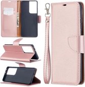 Voor Samsung Galaxy S21 Ultra 5G Litchi Textuur Pure Kleur Horizontale Flip Leren Case met Houder & Kaartsleuven & Portemonnee & Lanyard (Rose Goud)