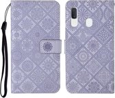 Voor Samsung Galaxy A40 etnische stijl reliëf patroon horizontale flip lederen tas met houder & kaartsleuven & portemonnee & lanyard (paars)