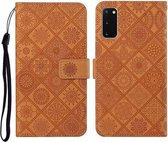 Voor Samsung Galaxy S20 etnische stijl reliëf patroon horizontale flip lederen tas met houder & kaartsleuven & portemonnee & lanyard (bruin)