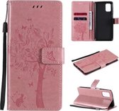 Voor Samsung Galaxy M31s Boom & Kat Patroon Geperst Afdrukken Horizontale Flip PU Lederen Case met Houder & Kaartsleuven & Portemonnee & Lanyard (Roze)