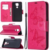 Voor Xiaomi Redmi Note 9 Twee vlinders ReliÃ«fpatroon Horizontale flip lederen tas met houder en kaartsleuf en portemonnee en draagkoord (roze rood)