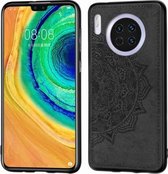 Voor Huawei Mate 30, reliëf Mandala-patroon PC + TPU + stoffen telefoonhoes met draagkoord en magnetisch (zwart)