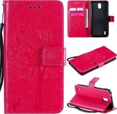 Voor Nokia 1.3 Tree & Cat reliÃ«fpatroon Horizontale flip lederen tas met houder & kaartsleuven & portemonnee & draagkoord (rose rood)