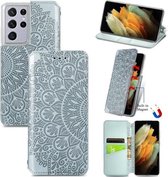 Voor Samsung Galaxy S21 Ultra 5G Blooming Mandala Reliëfpatroon Magnetische Horizontale Flip Leren Case met Houder & Kaartsleuven & Portemonnee (Grijs)