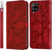 Voor Samsung Galaxy A12 Life of Tree Embossing Pattern Horizontale Flip lederen tas met houder & kaartsleuf & portemonnee & fotolijst & lanyard (rood)