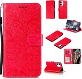 Voor iPhone 12/12 Pro Lace Flower horizontale flip lederen hoes met houder & kaartsleuven & portemonnee & fotolijst (rood)