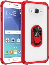 Voor Samsung Galaxy J7 schokbestendig transparant TPU + acryl beschermhoes met ringhouder (rood)