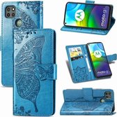 Voor Motorola Moto G9 Power Butterfly Love Flower Reliëf Horizontale Flip Leren Case met Beugel / Kaartsleuf / Portemonnee / Lanyard (Blauw)