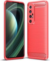 Voor Geschikt voor Xiaomi Mi 10S geborstelde textuur koolstofvezel TPU-hoes (rood)