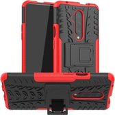 Voor OnePlus 7T Pro Tyre Texture Shockproof TPU + PC beschermhoes met houder (rood)