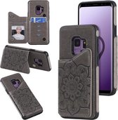 Voor Samsung Galaxy S9 bloem reliëf patroon schokbestendig beschermhoes met houder & kaartsleuven & fotolijst (grijs)