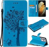 Voor Samsung Galaxy S21 Ultra 5G Tree & Cat Pattern Pressed Printing Horizontale Flip PU Leather Case met houder & kaartsleuven & portemonnee & Lanyard (blauw)