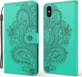 Voor iPhone X / XS Pauw in reliëfpatroon Horizontaal leren flip-hoesje met houder & kaartsleuven & portemonnee & lanyard (groen)