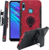 Voor Huawei Y6 (2019) 3 in 1 Cube PC + TPU beschermhoes met 360 graden draaien zwarte ringhouder (rood)