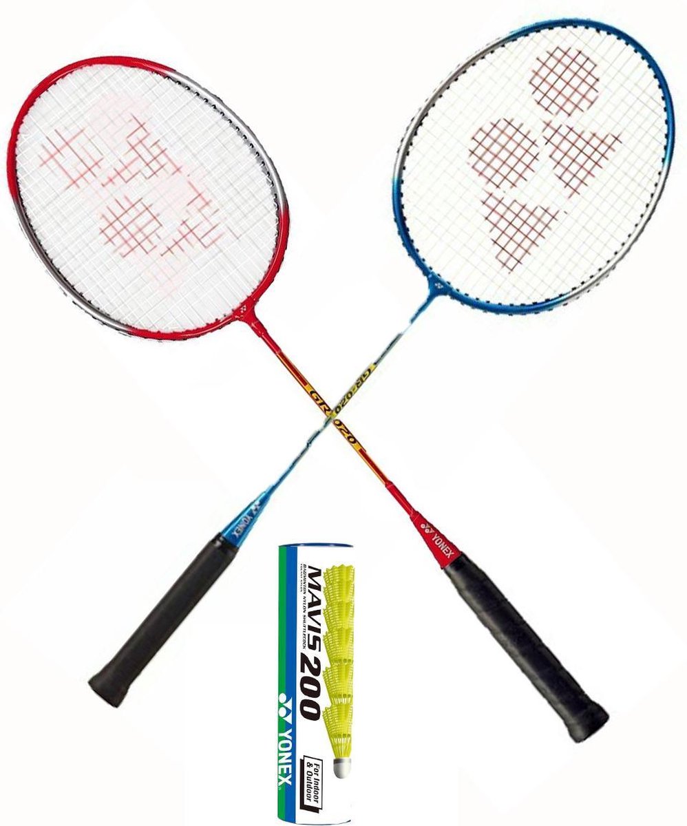 Yonex recreatieve badmintonset - 2 GR-020 badmintonrackets met 6 Mavis 200 outdoor shuttles - Yonex