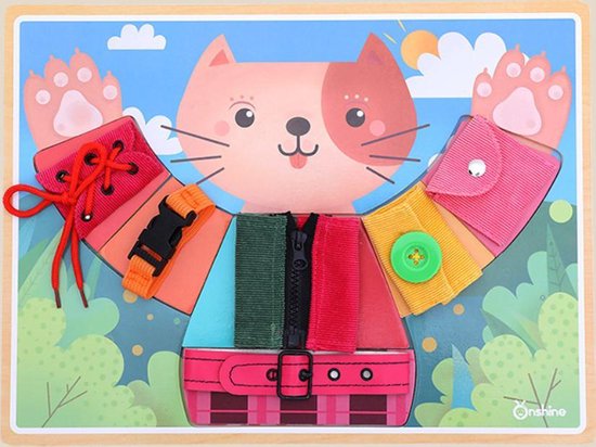 Thumbnail van een extra afbeelding van het spel Onshine Kitty Basisvaardigheidsbord - Busy Board - Montessori-speelgoed - Leerspeelgoed - Motoriek en zelfkleden - Babymotoriekspeelgoed vanaf 2 jaar / Activiteitenbord voor kleuter / Montessori Activiteit Board / Houten Veterstrikschoen
